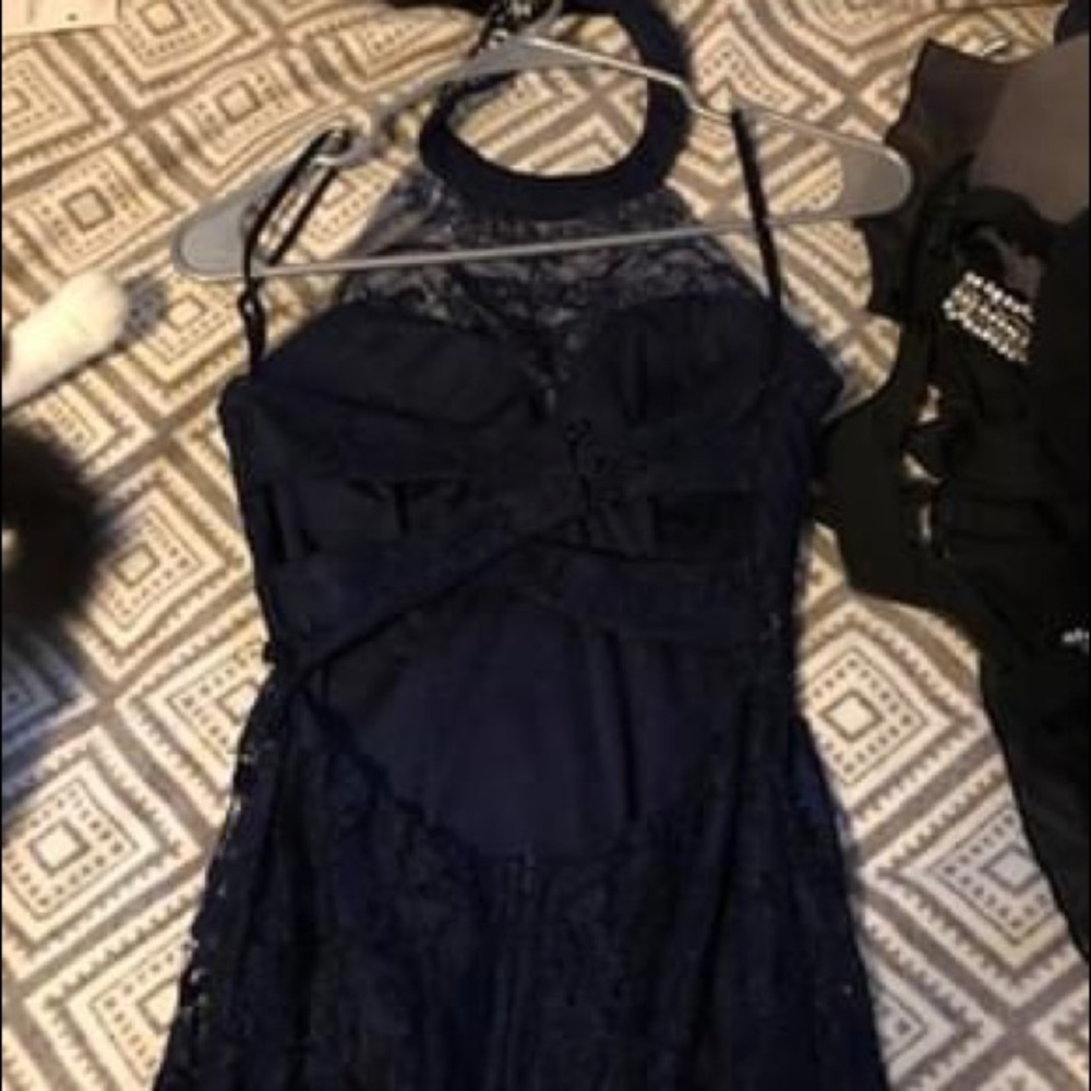 Navy blue lace prom dress